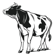 A monochrome illustration presents a horned cow with unique spot patterns in format