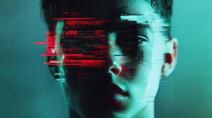 Portrait of a man with glitch effect in red and blue tones against a dark teal background