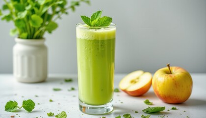 Fototapeta premium cold apple and celery juice in tall glass, pale green freshness with bubbles, healthy detox drink for summer mornings.