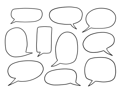 Line Art Comic Speech Bubble Outline. A playful collection of hand drawn speech bubble outlines in various shapes including oval and balloon styles. Perfect for comics quotes chats and message frames