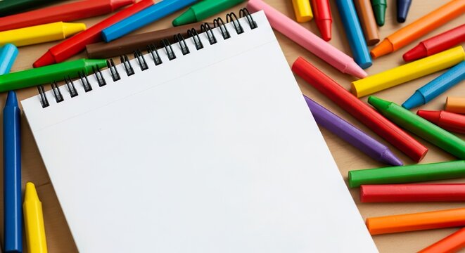 Blank spiral notebook surrounded by colorful crayons ideal for art projects education and creativity