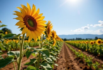 sunflowers reaching full height under intense summer sunlight, golden petals wide open, dry soil below, heat haze in background, vibrant farm landscape, sharp focus.