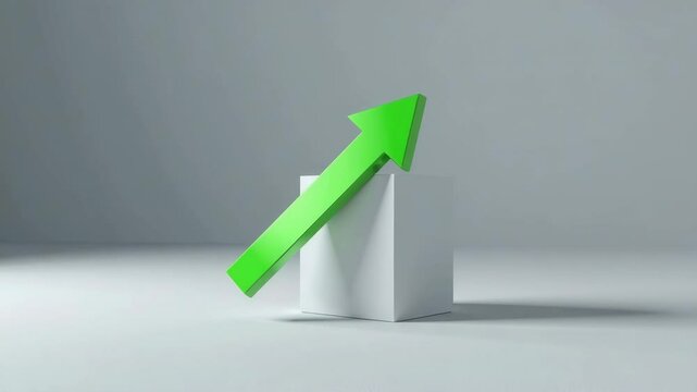 A large green upward arrow rests on a white cube, symbolizing growth or progress in a minimalistic setting.