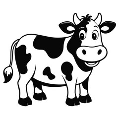 Cheerful cartoon dairy cow with black spots poses on a bright white backdrop