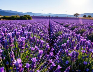 Fototapeta premium lavender fields in full bloom under strong sun, purple waves stretching into horizon, bees flying above, vibrant yet dry summer mood.