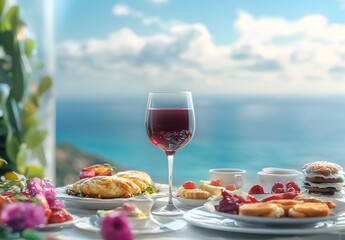 Naklejka premium Gourmet breakfast with red wine served on a seaside balcony, overlooking the calm, sunny ocean