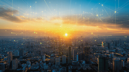 Fototapeta premium Smart city with connection network reciprocity over the cityscape social media networking systems that connects on the peak of success amid tall, innovative Smart city and graphs with statistics