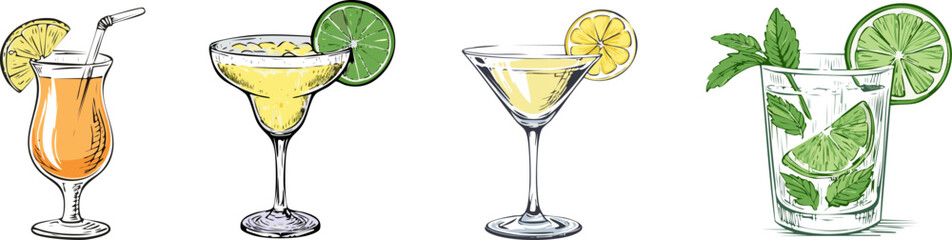 Variety of colorful cocktails with a lemon and lime garnish