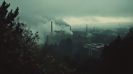 Fototapeta premium Factory Emissions Rising Into Cloudy Sky in Industrial Area