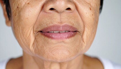 高齢の日本人女性の口元アップ – シワ・たるみ・加齢肌のディテール	