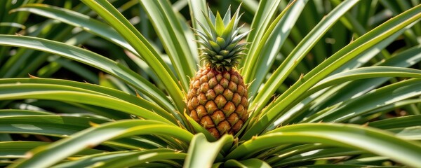 Fototapeta premium pineapple plant in full sun, tough spiky leaves reflecting heat, fruit forming in center, tropical growth at peak.