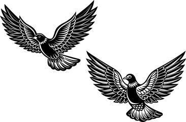 Flying white doves set. Hand drawn sketch style pigeons flapping wings. Peace and love bird symbols .