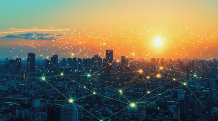 Fototapeta premium Smart city with connection network reciprocity over the cityscape social media networking systems that connects on the peak of success amid tall, innovative Smart city and graphs with statistics