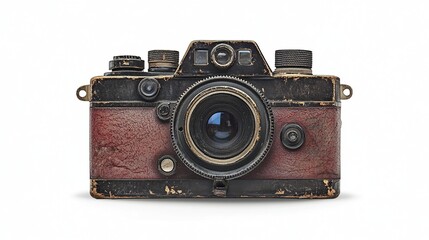 A weathered, vintage 35mm camera with a worn leatherette covering, showing significant age and use; the lens is dark, and the metal shows patina