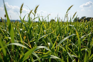 Fototapeta premium tall grass growing wildly in open field, uncontrolled growth due to summer rains followed by sunlight, nature's boom.
