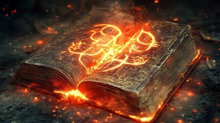 Open ancient book with glowing symbols and burning edges casting light in a dark mysterious setting