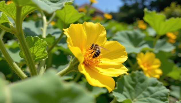 bee pollinating squash flower in peak summer sun, rapid plant pollinator activity due to optimal bloom period.