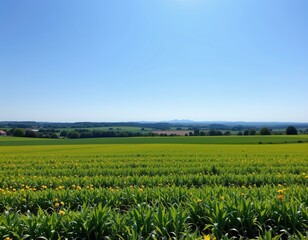 clear blue sky over countryside on summer morning, fresh air, low pollution, wind blowing through green fields, peaceful and clean scene.