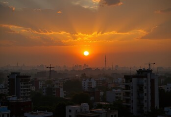 Fototapeta premium sunset over city obscured by summer haze, light diffused through polluted air, orange tones and visibility reduced, artistic urban decay.