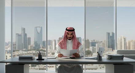 Arab businessman reviewing documents in modern office overlooking city skyline