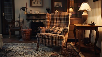 A cozy living room with a vintage plaid armchair, a wooden side table with an antique lamp, and a classic patterned rug, exuding old-fashioned comfort.
