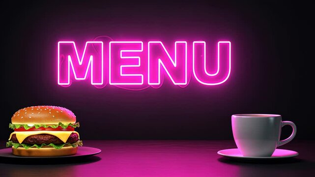 Neon menu sign with burger and coffee cup vibrant display in dark setting