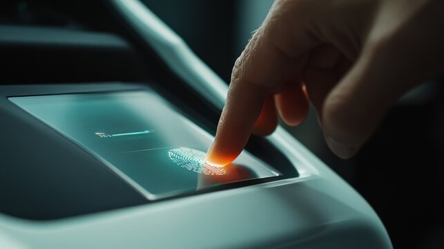 Finger scanning on futuristic car dashboard