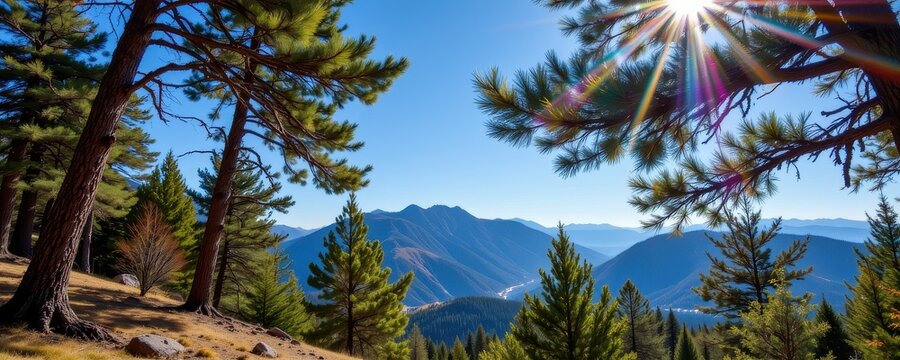 clean mountain air in summer with blue skies and sunlight, pine trees filtering air, ideal nature retreat atmosphere.