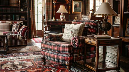 A cozy living room with a vintage plaid armchair, a wooden side table with an antique lamp, and a classic patterned rug, exuding old-fashioned comfort.