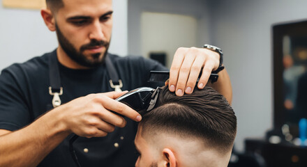 Skilled Barber Crafting Perfect Fade Haircut with Professional Clippers in Modern Salon
