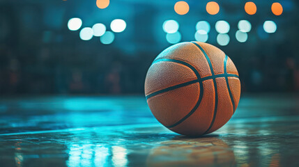 A basketball on a court with lights in the background.