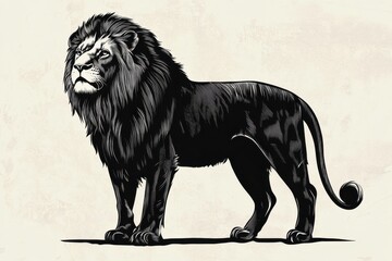 Bold lion standing confidently on a textured background, showcasing its majestic features and powerful stance in a striking illustration from a wildlife art collection
