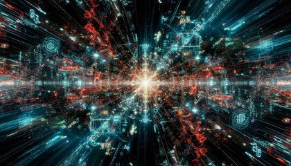 Abstract digital art depicting a burst of light with vibrant blue and red lines radiating outward. The scene conveys a sense of energy and movement.