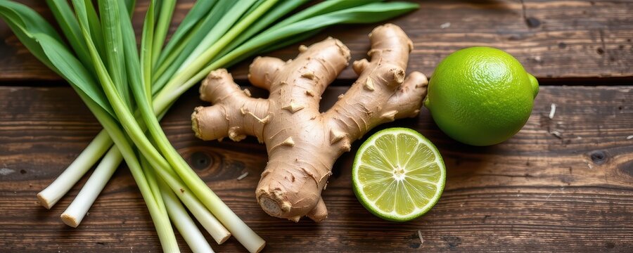 ginger root beside fresh lemongrass and lime, herbal trio used in summer detox drinks, flat lay on wooden table.
