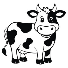 Cartoon cow stands cheerfully with its distinct black and white spots against a white background