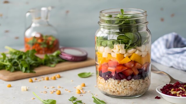 zero waste vegan meal concept Colorful layered salad in a jar with fresh ingredients, showcasing healthy eating and meal prep. - Powered by Adobe
