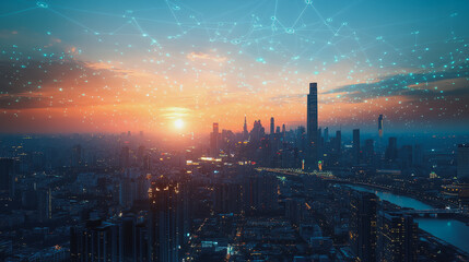 Obraz premium Smart city with connection network reciprocity over the cityscape social media networking systems that connects on the peak of success amid tall, innovative Smart city and graphs with statistics