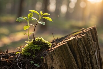 New Life Sprouting from Old Tree Stump Nature Photography showcasing vibrant green plants growing in sunlight