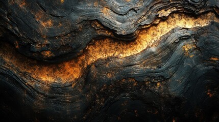 Obraz premium Striking texture of dark rock formations with shimmering golden veins illuminated in soft light during early morning