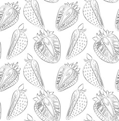 Seamless pattern of linear black and white sliced strawberries. Ideal for packaging, backgrounds and object design.