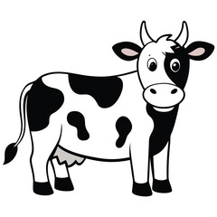 Cartoon dairy cow stands cheerfully exhibiting its distinctive black and white spots pattern