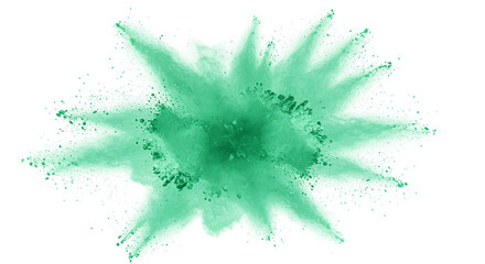 A vibrant explosion of mint green powder paints the darkness bursting with unexpected beauty on transparent background