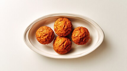 Top view of rustic round ceramic dish with freshly baked carrot muffins in parchment paper on empty white surface, sharp focus, simple captivating composition for stock photo.