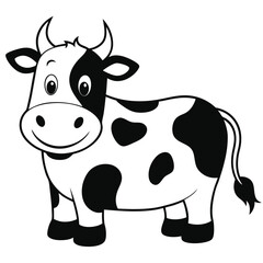 Cartoonish cow with black spots is standing, offering a gentle smile, exuding playful cheer