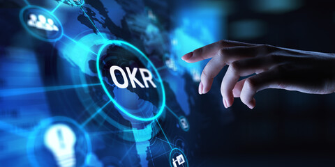 OKR Objectives and Key Results for Performance Management, projection on a virtual screen, Business and Technology Concept.