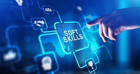 Soft Skills Enhancing Communication and Interpersonal Effectiveness, projection on a virtual screen, Business and Technology Concept.