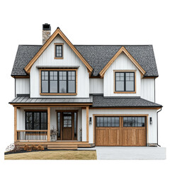 Modern two-story house featuring white siding, wooden accents, large windows, a front porch, and a double garage with a pitched roof and chimney. Png, Transparent background.