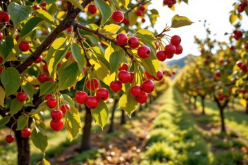Obraz premium cherry trees with ripe fruit dangling, orchard basking in golden light, early summer fruit harvest.