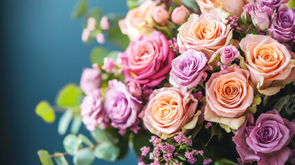 Obraz premium A bouquet of pink and purple roses with green leaves against a blue background.