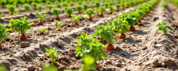 field of carrots growing in sandy soil, irrigation lines between rows, green tops catching sun.